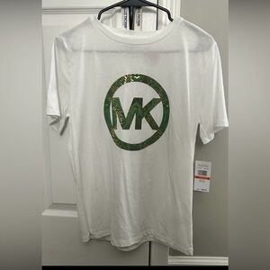 Michael Kors White Short Sleeve Tee with Green Camo MK Logo